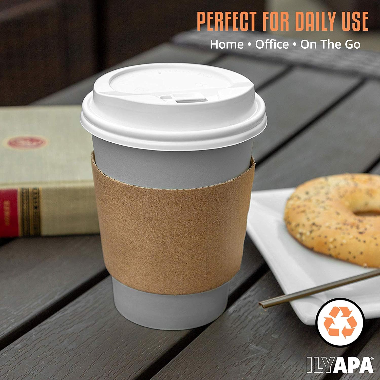 Ilyapa 100 Pack 12 oz To Go Coffee Cups with Sleeves, Lids & Stirrers - Disposable & Recyclable Gray Paper Travel Coffee Cups