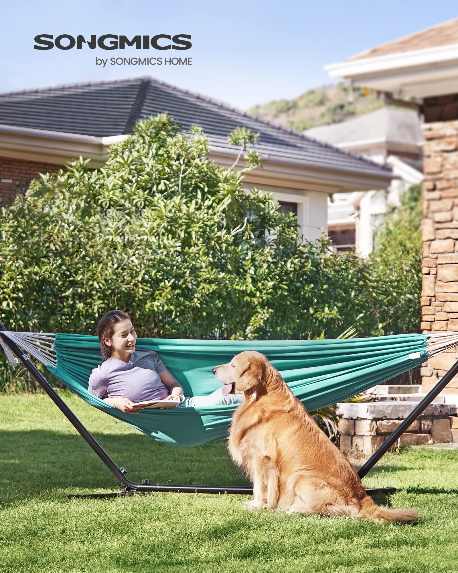 SONGMICS Doppelhängematte 98,4 x 59,1 Zoll 299,4 kg Tragkraft mit Kompressionstasche Befestigungsgurte Karabiner für Terrasse Balkon Garten Outdoor Camping Türkis UGDC15BU