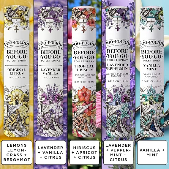 Poo-Pourri Before-You-Go Toilet Spray, Travel Essentials, .34 Fl Oz, In A Pinch Variety 5 Pack, Each Up to 20 Uses, On-The-Go Bathroom Odor Deodorizer with Essential Oils, TSA Approved Size, 5 Scents