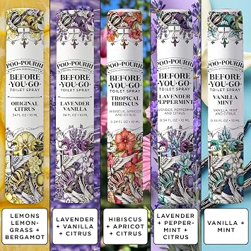 Poo-Pourri Before-You-Go Toilet Spray, Travel Essentials, .34 Fl Oz, In A Pinch Variety 5 Pack, Each Up to 20 Uses, On-The-Go Bathroom Odor Deodorizer with Essential Oils, TSA Approved Size, 5 Scents