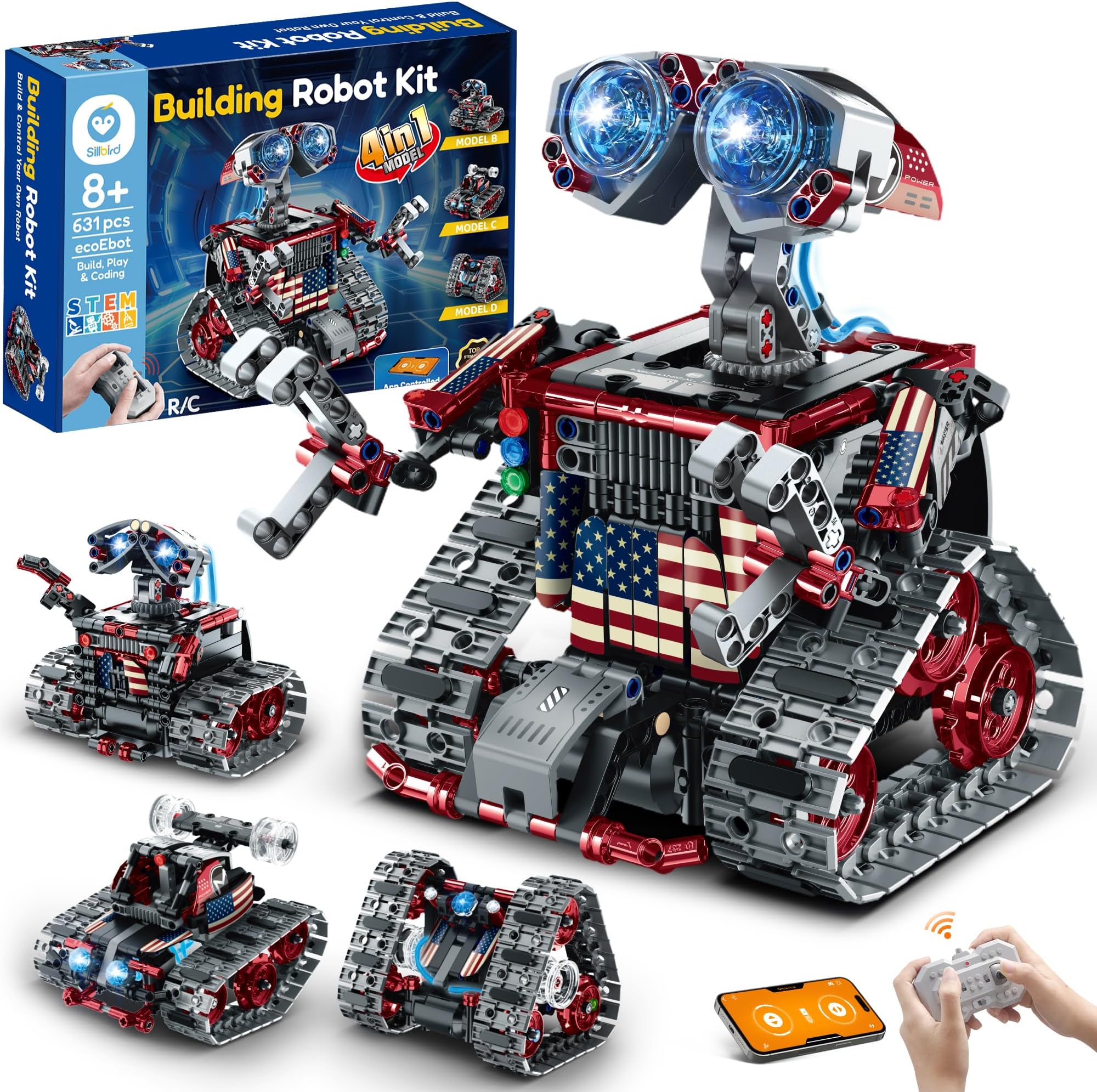 Robot Building Kit with Remote Control Gifts for Kids Boys Ages 8-12, STEM Coding Robotic Technic Tracked Racer Car Toys for Birthday - Build 4in1 Model with 631 Pieces