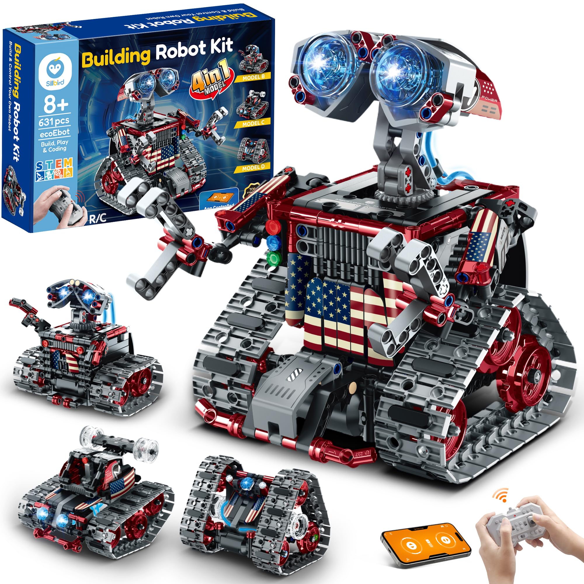 Sillbird Robot Building Kit with Remote Control Gifts for Kids Boys Ages 8-12, STEM Coding Robotic Technic Tracked Racer Car Toys for Birthday - Build 4in1 Model with 631 Pieces