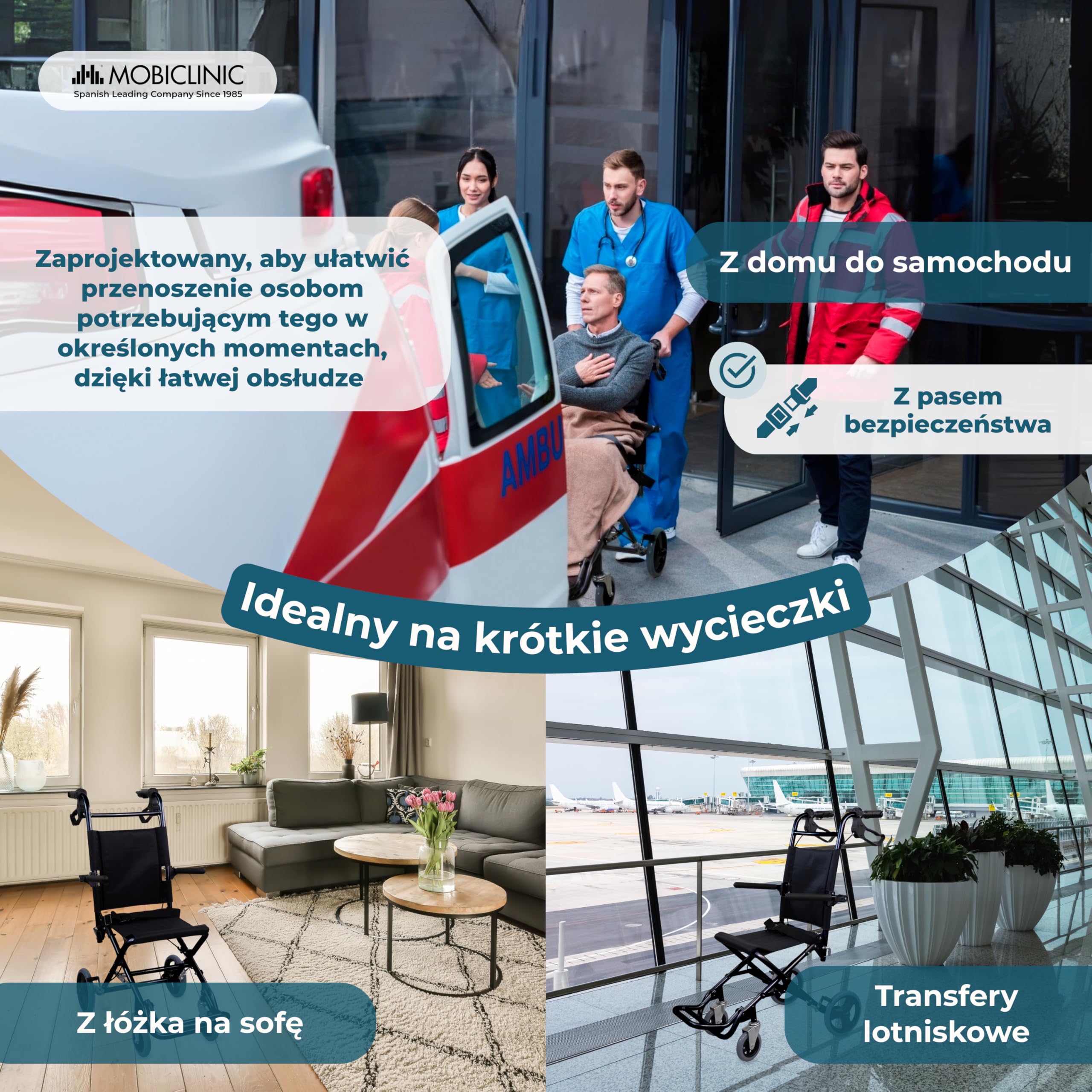 Wózek transportowy | Składany | Aluminium | Małe kółka | Hamulce na dźwigniach | Czarny | Saturn | Mobiclinic