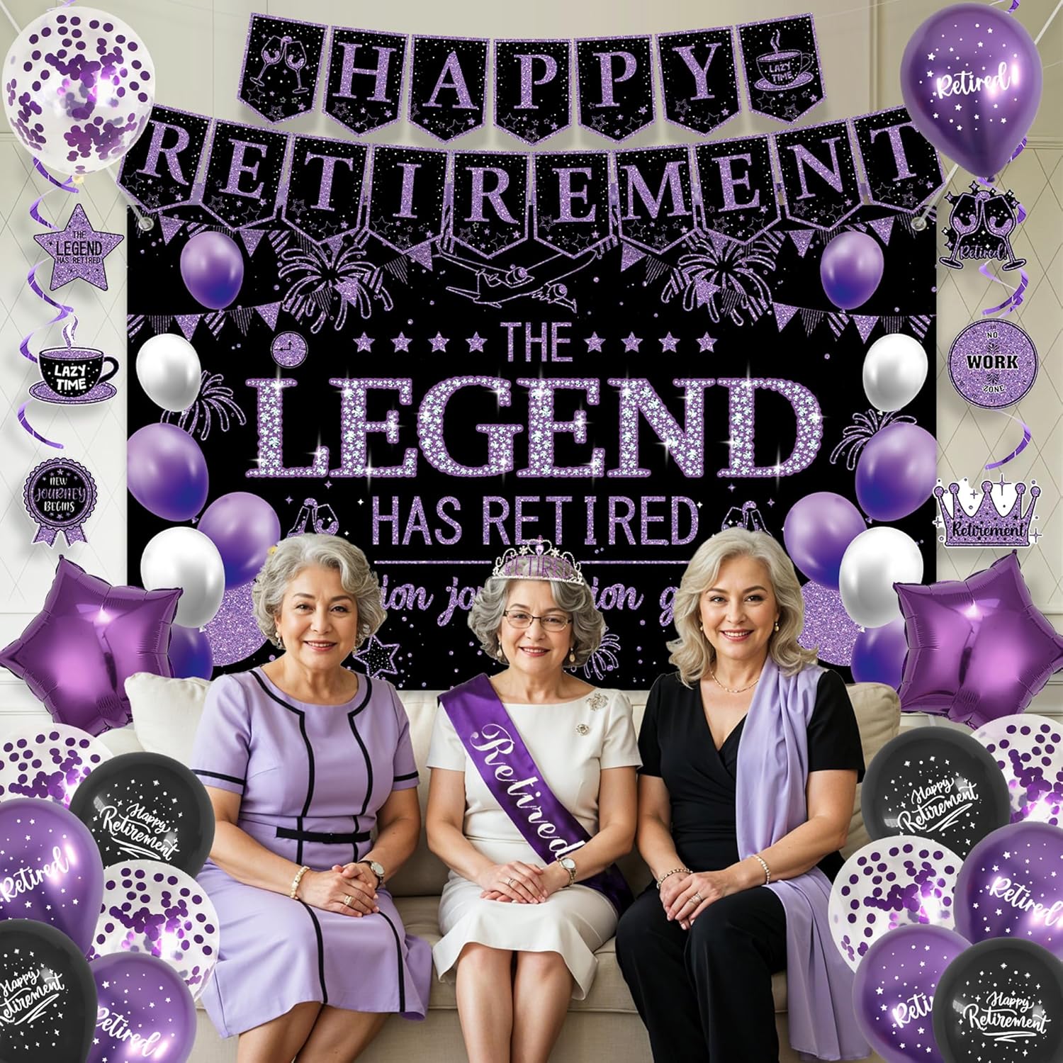 Roetyce Retirement Party Decorations Women, Black and Purple Happy Retirement Banner Backdrop Balloons Hanging Swirls for Coworker, Lengend Has Retired Sash & Crown, Office Retired Background