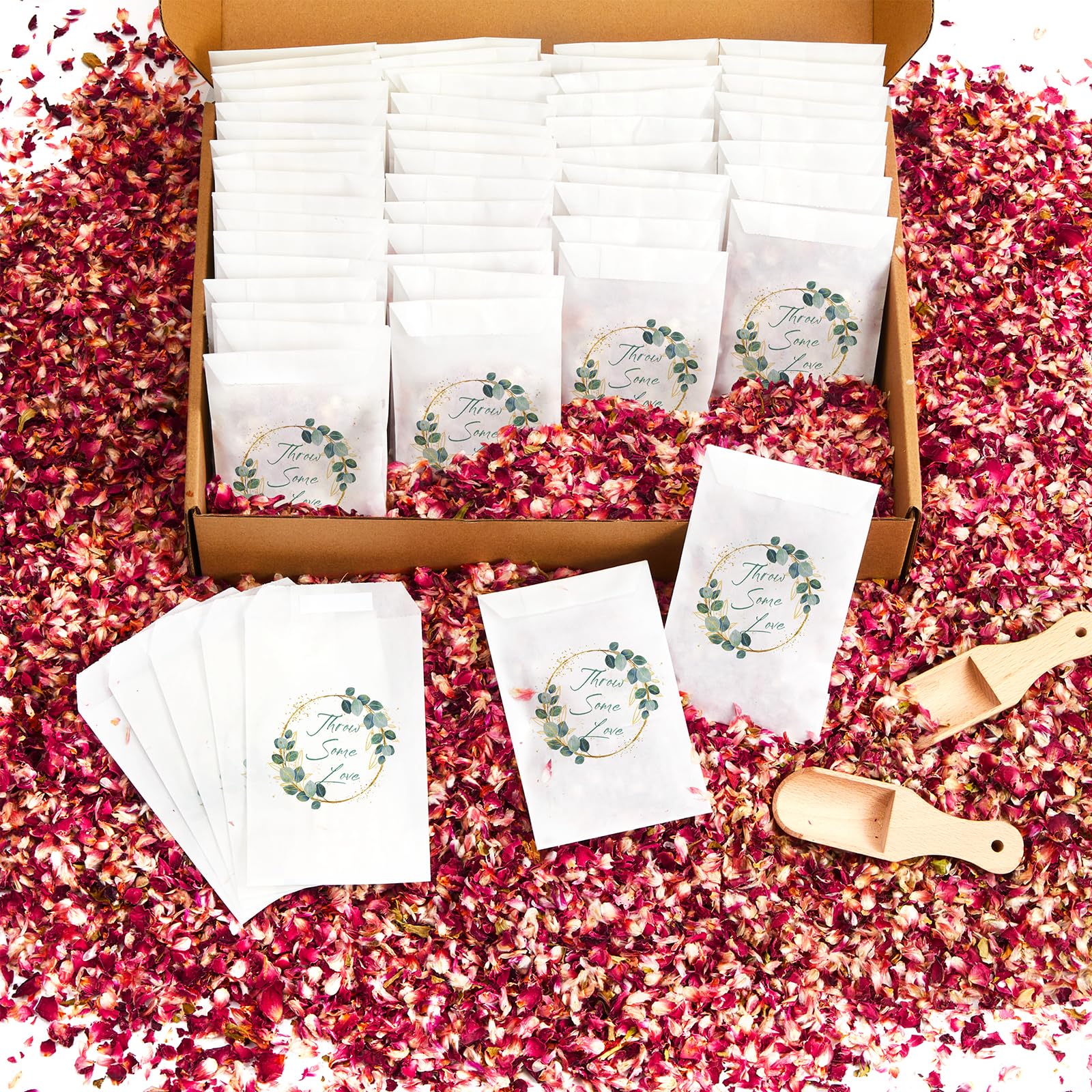 Tenare 100 Sets Wedding Confetti Bags Kit for 90-100 Guests Includes 360g Natural Dried Flower Dried Rose Petals Glassine Envelopes Paper Confetti Bags with Pattern for Wedding Anniversary