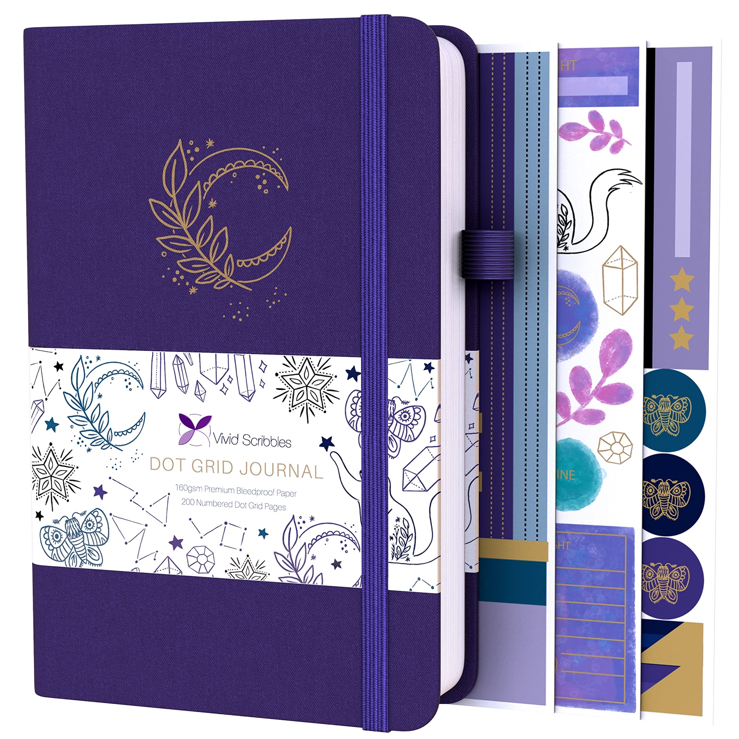 VIVID SCRIBBLES Bullet Dotted Journal, 160gsm Bleed-Proof Thick White Paper, 200 Numbered Dot Grid Pages, 5.8 x 8.3 Inch Dotted Notebook (Purple)