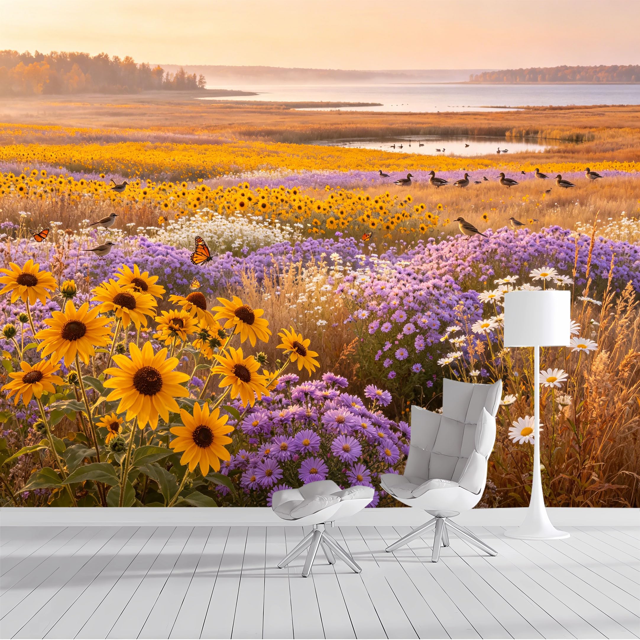 Custom Size Wall Mural Sunflower Meadow Butterfly Bird Flock Seascape Panoramic Oil Painting SelfAdhesive Wall Fabric Removable Peel and Stick Wallpaper for Living Room Bedroom Bathroom