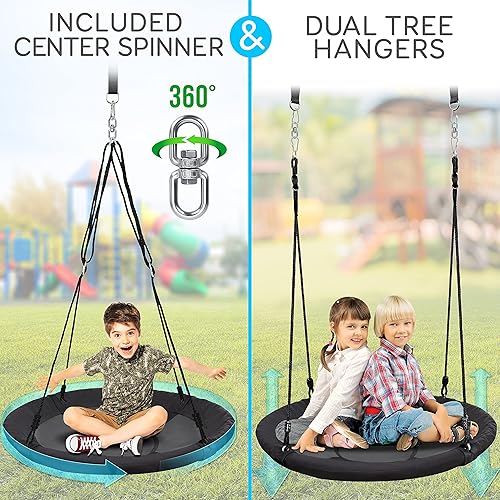 Miniatura 2 de SereneLife Columpio de platillo con kit para colgar, columpio de árbol al aire libre con giratorio giratorio para niños (negro)