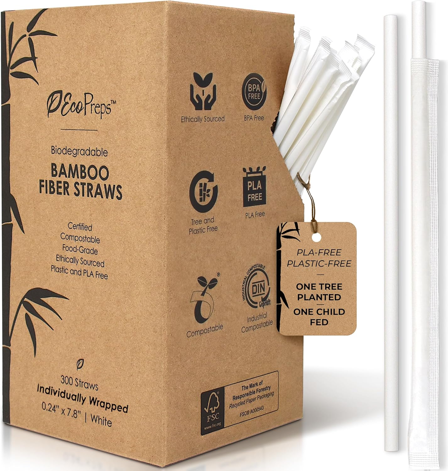 EcoPreps Biodegradable Bamboo Fiber Straws, Plastic-Free Individually Wrapped Straws | 300 Count, 100% Compostable, Eco-Friendly Drinking Straw | 7.8'' Plant Fiber Disposable Straw in White Paper Wrap