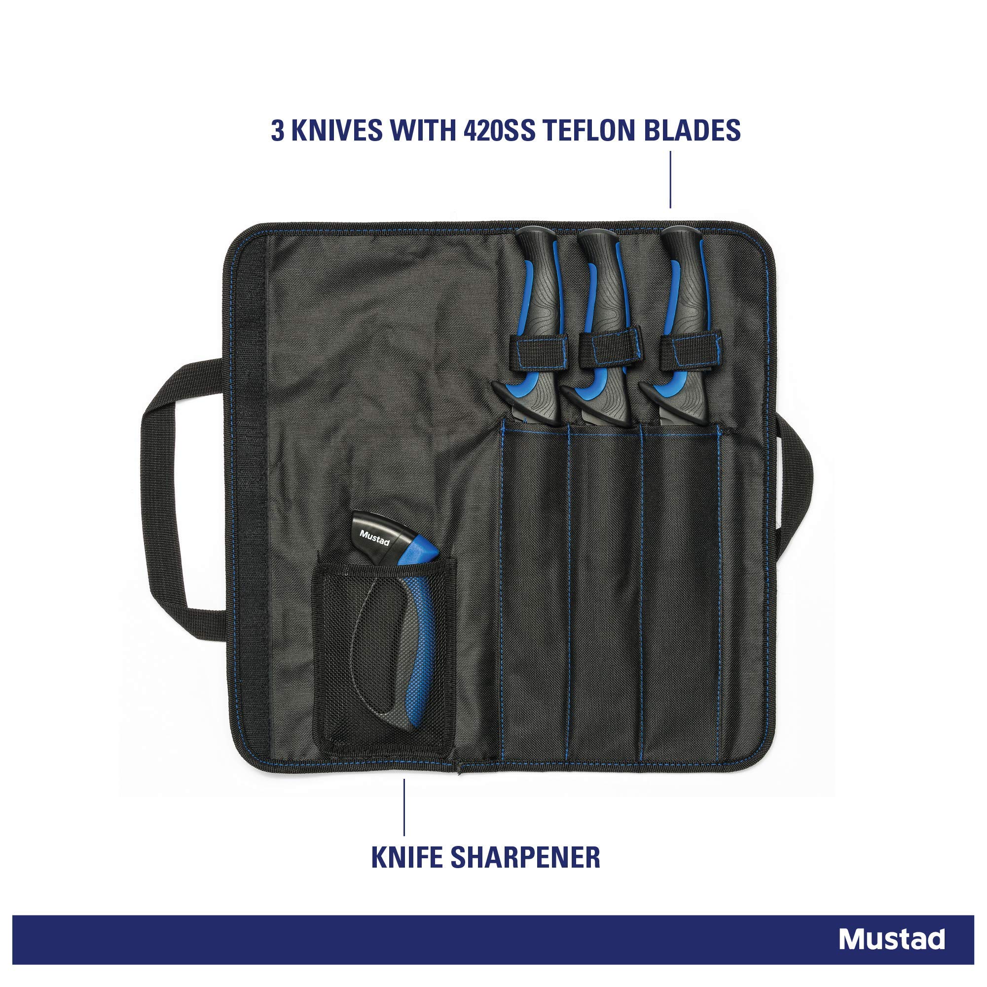 Mustad Kit de couteaux 3 pièces + aiguiseur