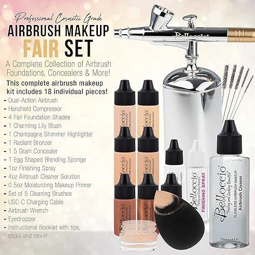 Miniatura 2 de Belloccio Sistema completo de maquillaje cosmético inalámbrico con 4 tonos de base justa, kit profesional de 18 piezas, imprimación hidratante,