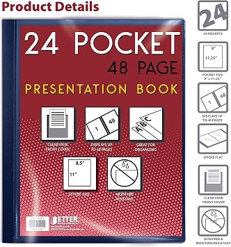 Better Office Products 24 pocket-bound presentation books, blue and transparent viewfront, 48 sheet protector pages, 8.5 x 11 sheets, art portfolio, durable polycover, letter size, blue
