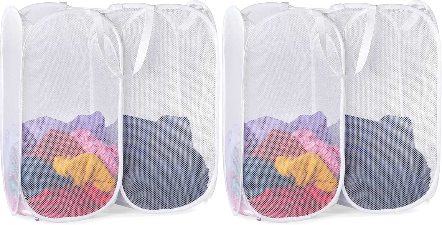 Handy Laundry Mesh Popup Hamper - Two Compartments, Collapsible for Storage and Easy to Open. Folding Pop-Up Clothes are Great for The Kids Room, College Dorm or Travel. (White) (Pack of 2)