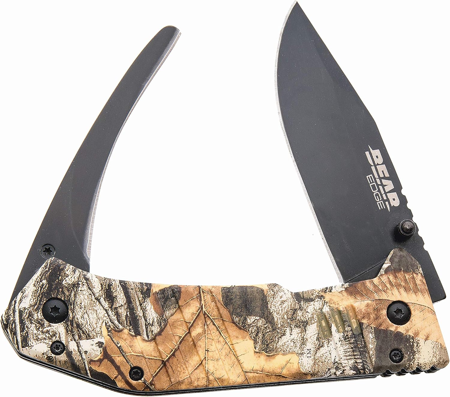 Bear Edge Double Blade Guthook, 440 Stainless Steel Blade with Black Finish, Camo Handle, Sideliner Lock, Pocket Clip (61522)