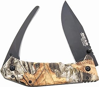 Bear Edge Double Blade Guthook, 440 Stainless Steel Blade with Black Finish, Camo Handle, Sideliner Lock, Pocket Clip (61522)