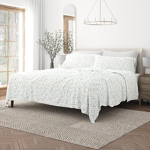 Merit Linens Juego de sábanas transpirables de tamaño Queen con estampado floral de estilo hotelero, 4 piezas, con bolsillo profundo, sábanas