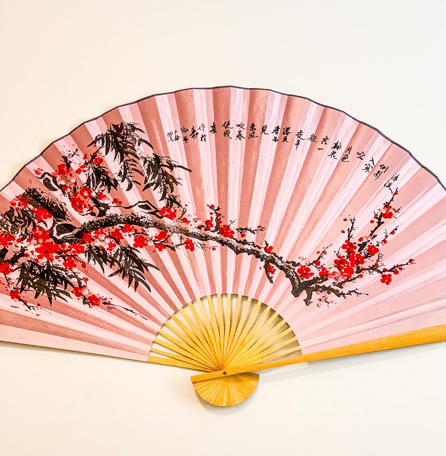 Large 60 * 35 in Oriental Wall Hanging Folding Fan in Red Plum Flower Painting with Pink Background Design