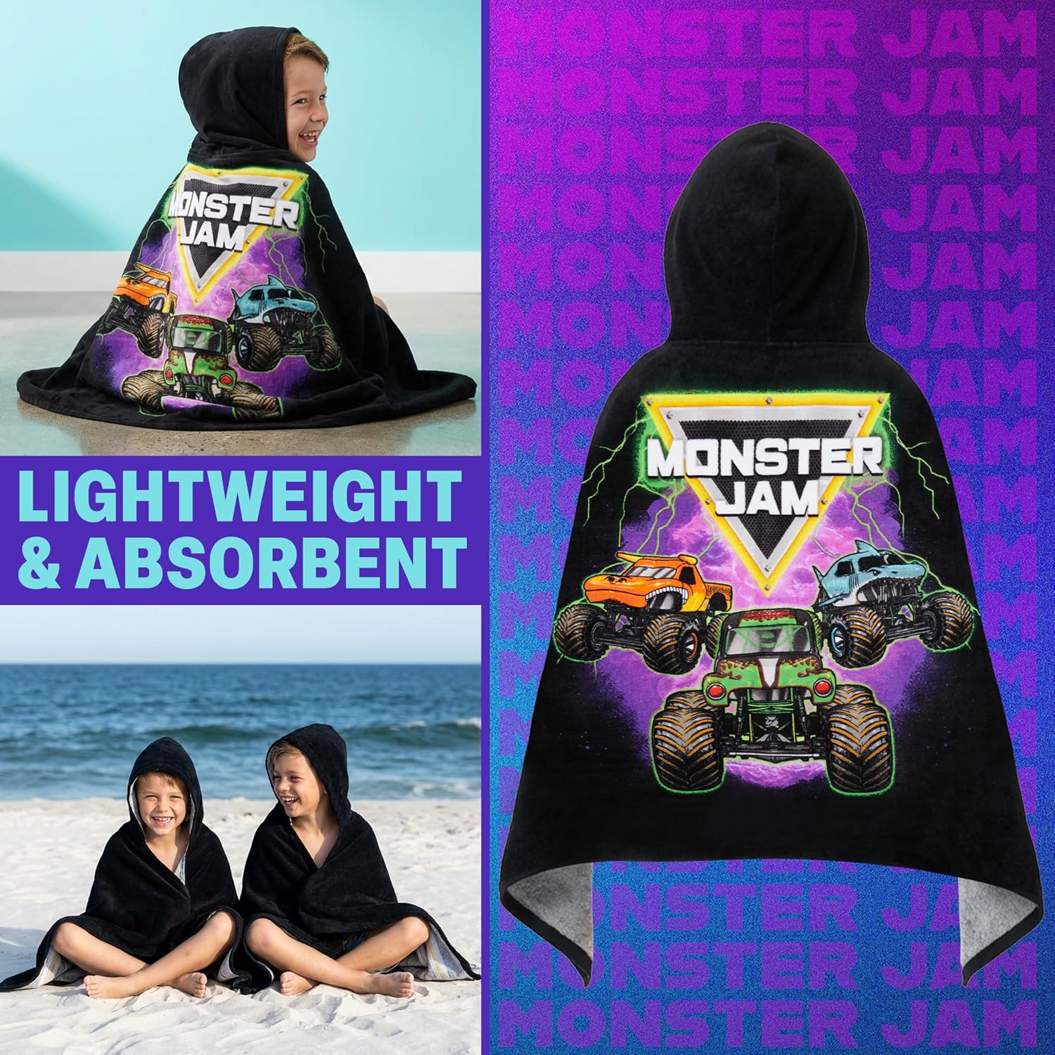 Get Trend Monster Jam Bath Towels with Hood for Boys, 49”x30”, Monster Truck Absorbent Cotton Hooded Beach Towel Wrap, Poncho for Swimming Pool Travel for Boys