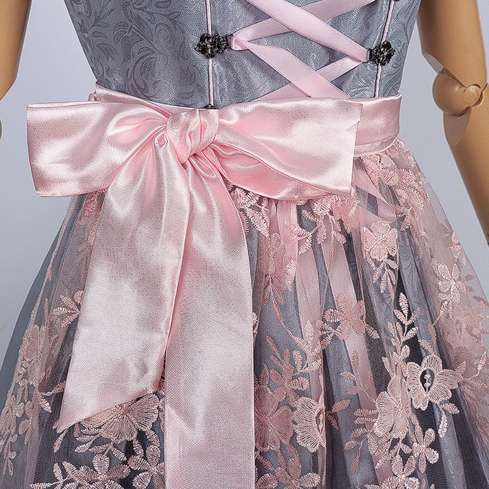esmen Elegante Abito da Cameriera in Jacquard Scuro con Cerniera Laterale, Abito da Lavoro da Bar Grigio-Argento con Grembiule in Rete Rosa e Colletto in Pizzo