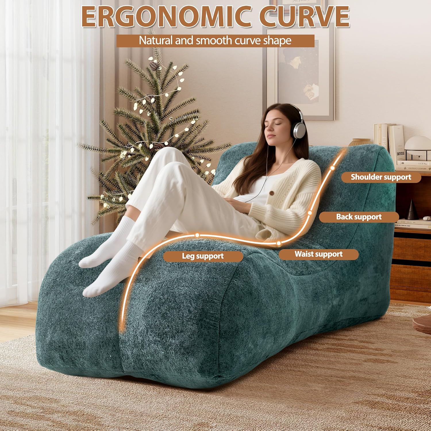 Yoga Chaise Lounge Chair Indoor, Big Bean Bag Chairs for Adults, Comfy Reading Lazy Floor Boneless Sofa with High-Density Memory Foam, 59 inch Length Modern Exercise Chaise Lounge, Light Blue