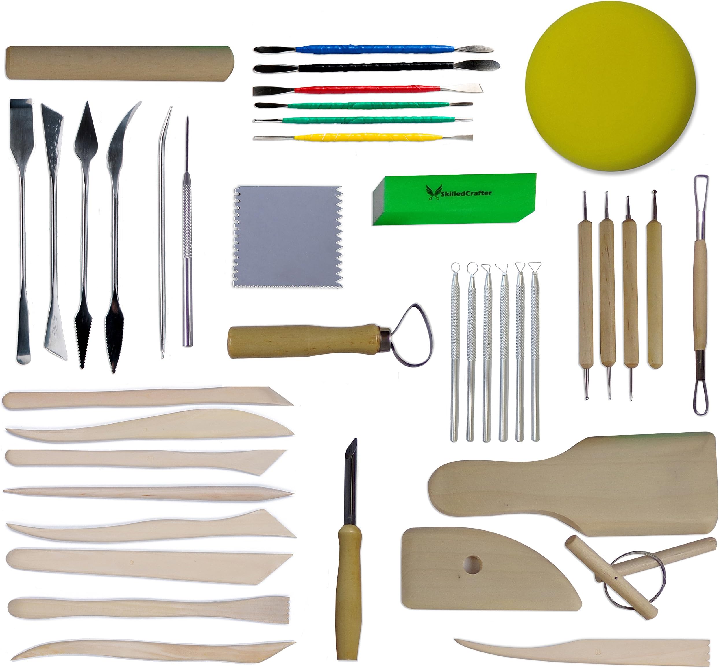 Skilled Crafter Clay Sculpting Tools. 42 Piece Set for Modeling & Detailing, and Ideal for Work on a Potters Wheel. Includes Free Sponge & Needle Tool