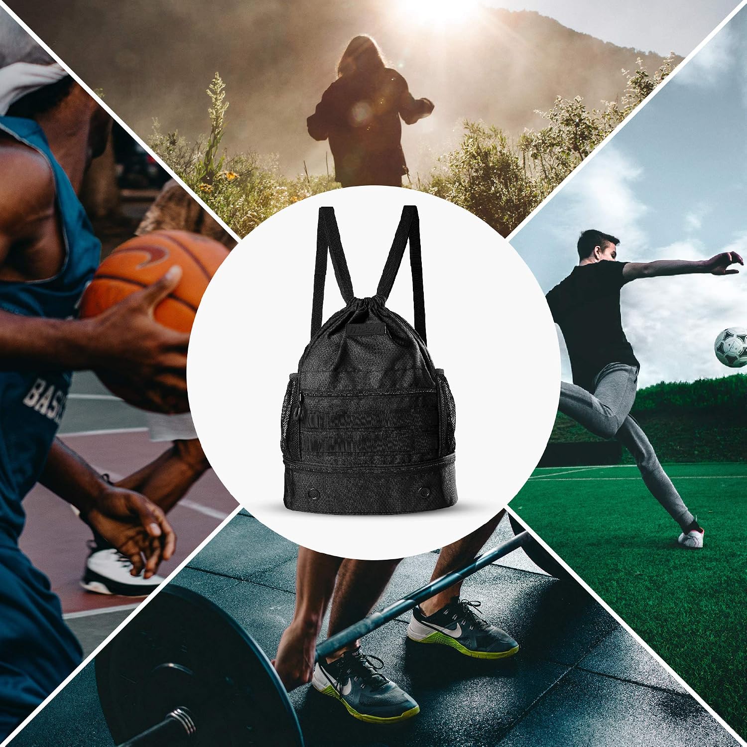 Fitdom Drawstring Backpack with Shoe Compartment Large Black Gym Sports String Cinch Backpack Athletic Sackpack