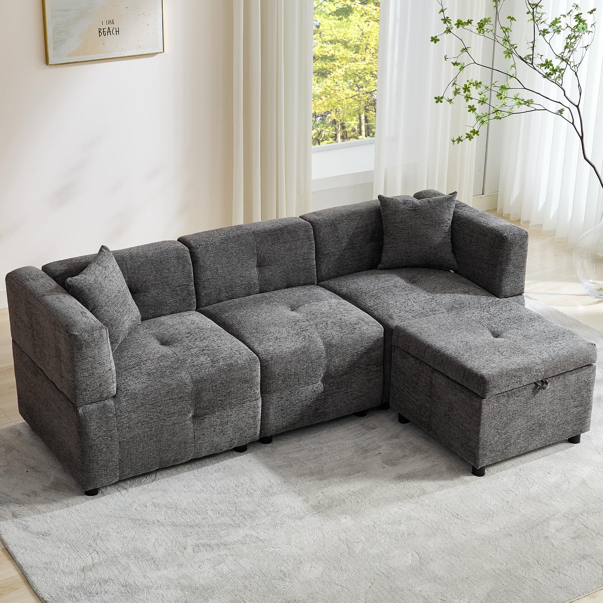 Sectional Sofa with Storage Ottoman, 80" Reversible L-Shaped Couch for Small Living Room, Grey Linen Fabric Set with 2 Pillows