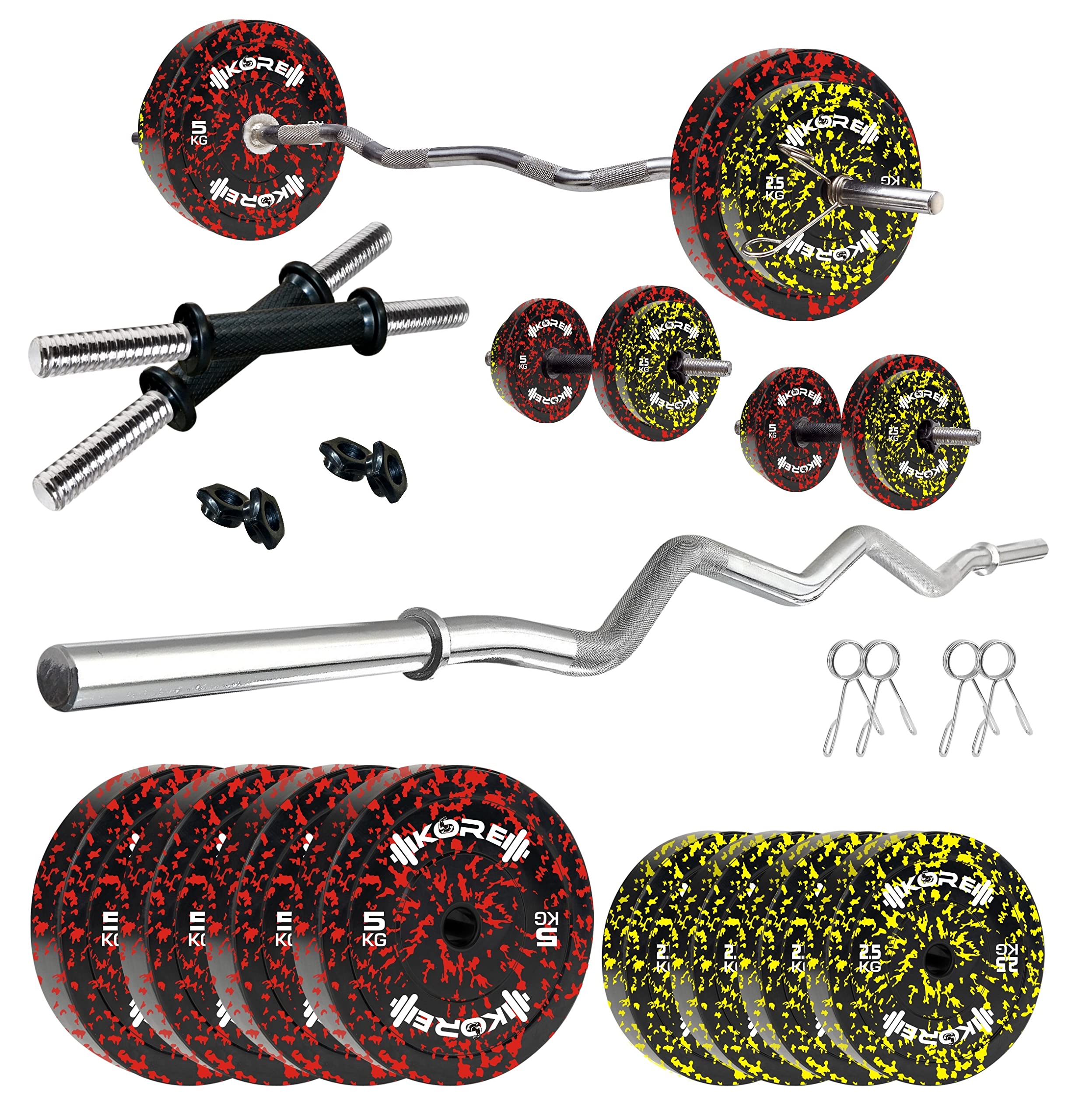Kore Premium 30KG Camo Solid Rubber Fitness Kit with One 3 Ft Curl and One Pair Dumbbell Rods