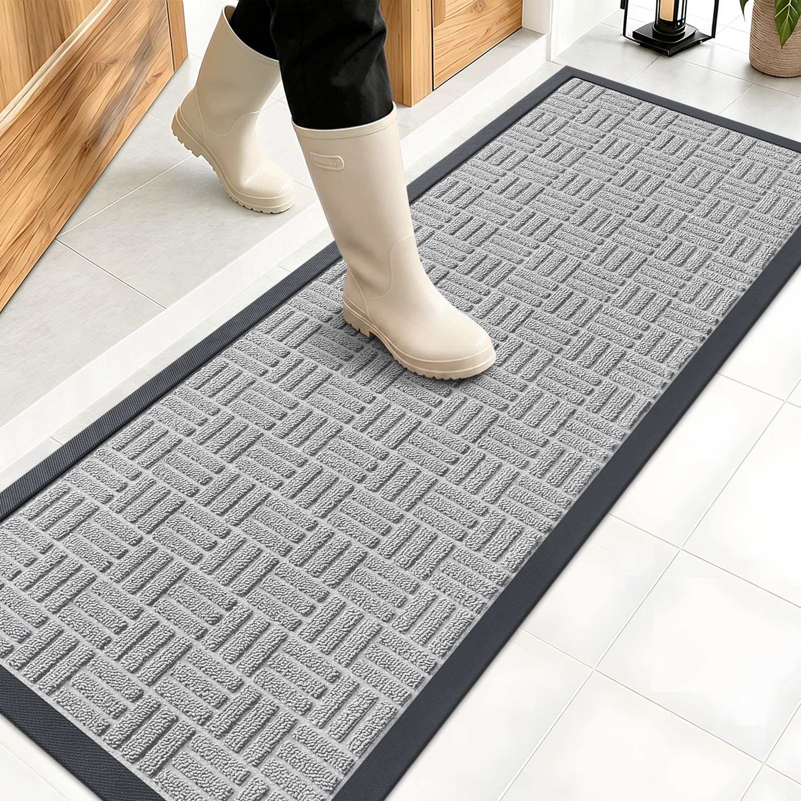 OLANLY Front Door Mat Outside Entrance 47x17, Heavy-Duty Rubber Doormat | Light Gray, Stain and Fade Resistant, Non-Slip Backing, Low-Profile Indoor Outdoor Floor Mat for Entryway, Easy to Clean