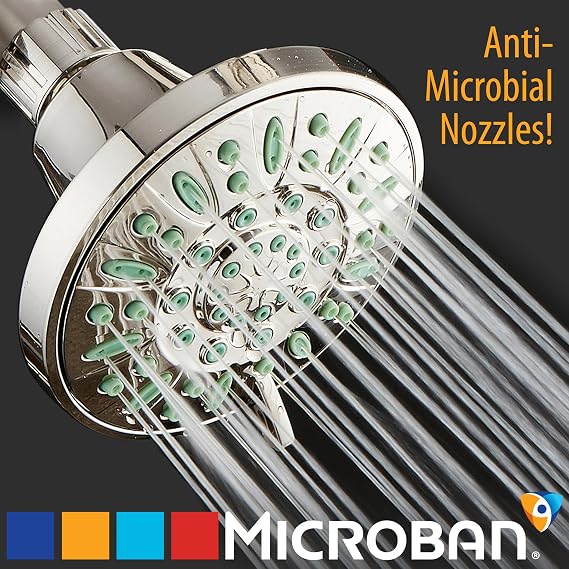 AquaDance Antimicrobial/Anti-Clog High-Pressure 6-setting Shower Head, Microban Nozzle Protection from Growth of Mold, Mildew & Bacteria for Stronger Shower! (Brushed Nickel Finish/Coral Green Jets)
