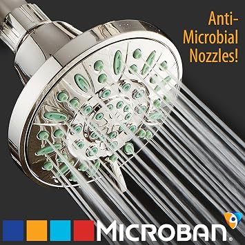 AquaDance Antimicrobial/Anti-Clog High-Pressure 6-setting Shower Head, Microban Nozzle Protection from Growth of Mold, Mildew & Bacteria for Stronger Shower! (Brushed Nickel Finish/Coral Green Jets)