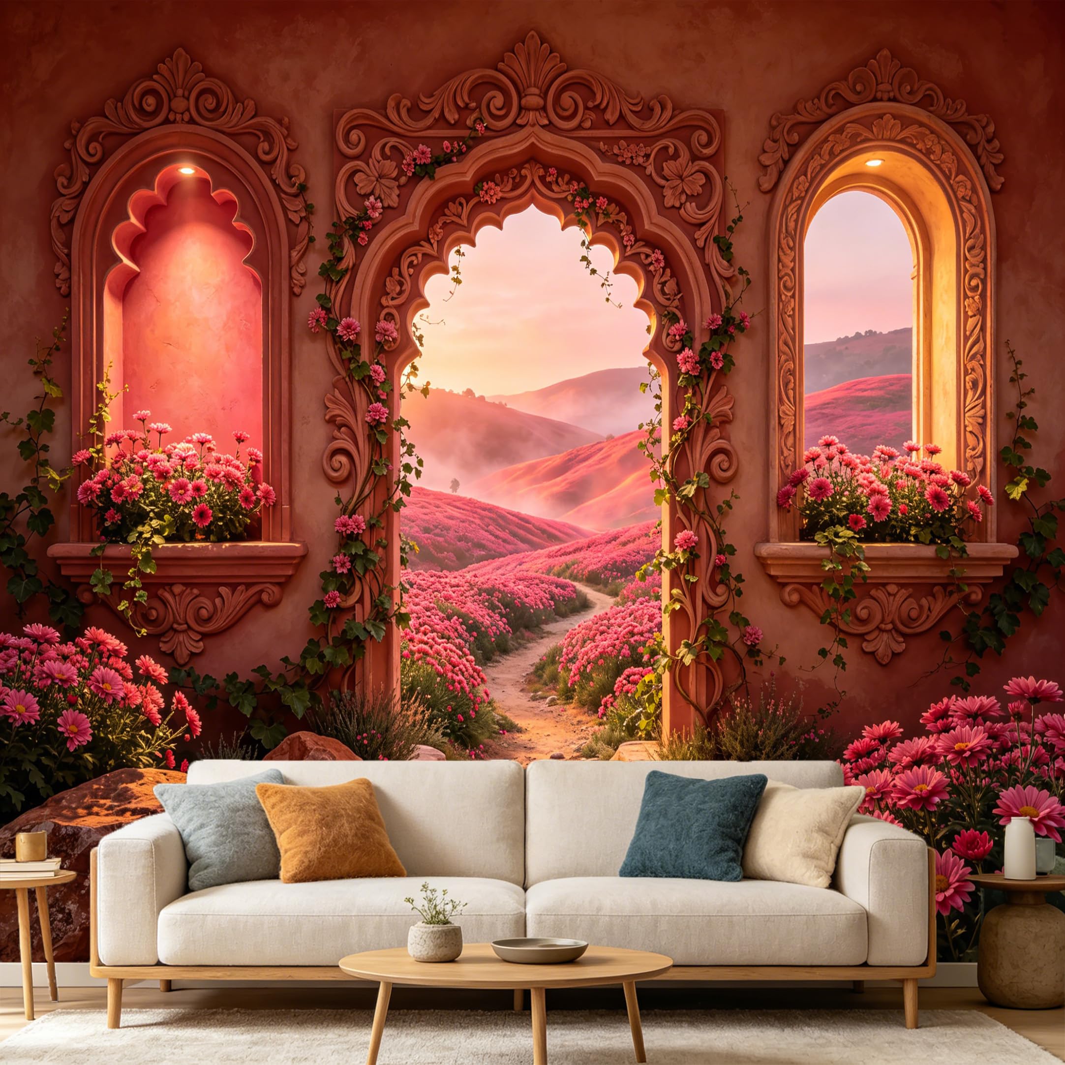 Custom Size Wall Mural， 3D Archway Pink Flower Field Landscape Sunset， SelfAdhesive Art Prints wall Fabric Removable Large Wallpaper Home Living Room Decor