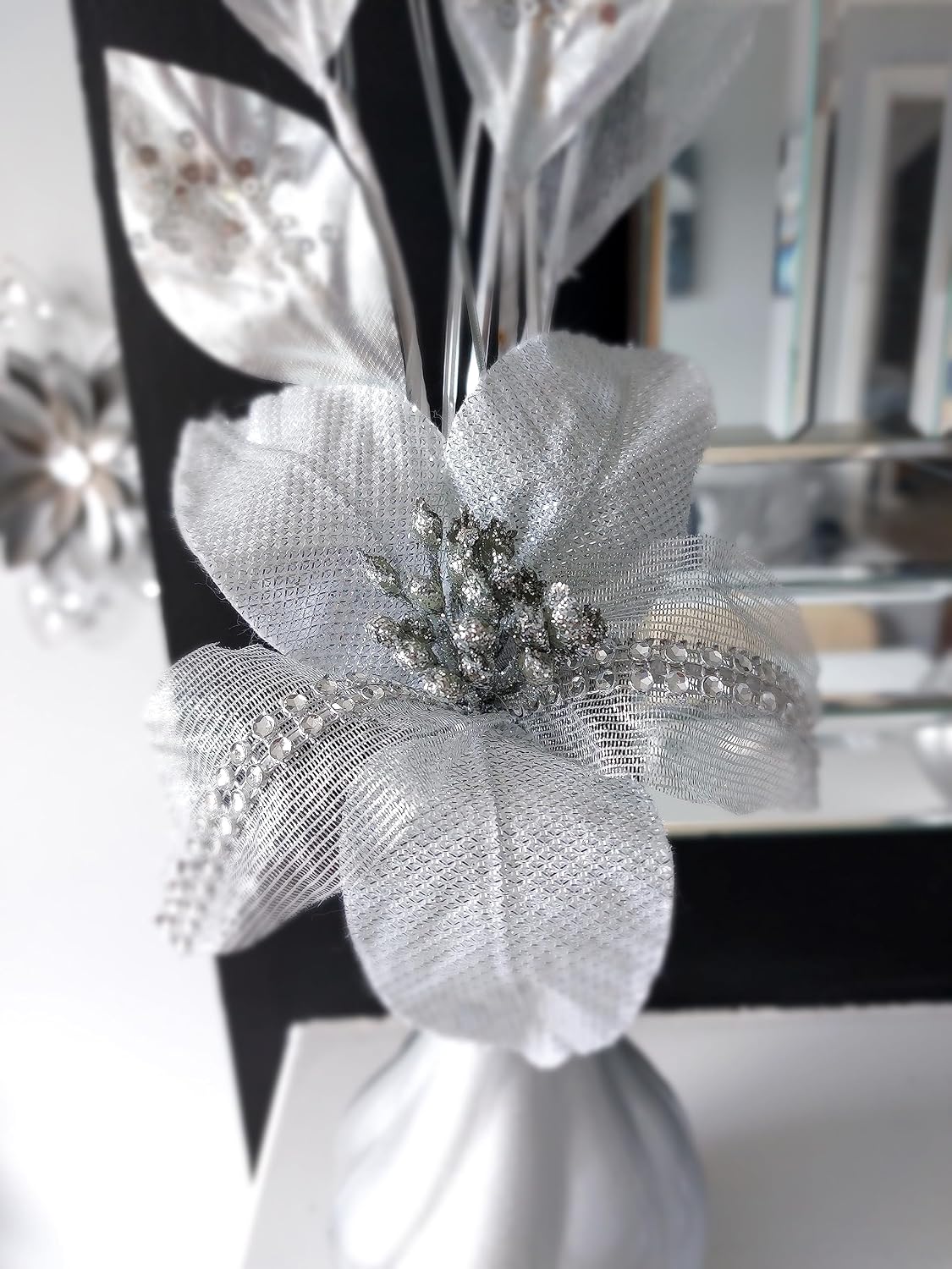 Flourish 813 Chrome Vase with Light Blue Mini Nylon Flower, 1, Teal and Silver