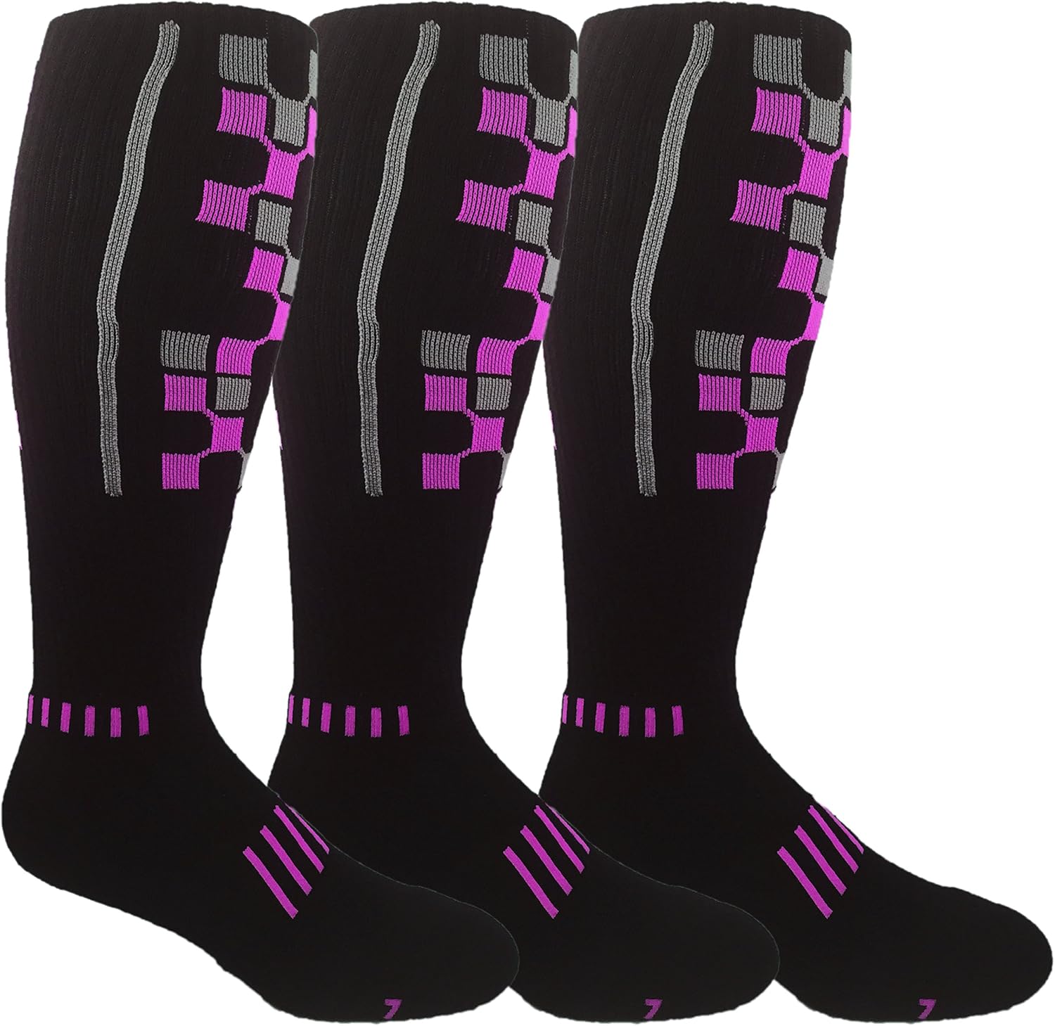 MOXY Socks Knee-High Fitness Socks 3-Pack, Black with Purple and Gray Tech Pattern, Cushioned Footbed, Stay-Up Over-the-Calf Fit for Training, Running, Lifting