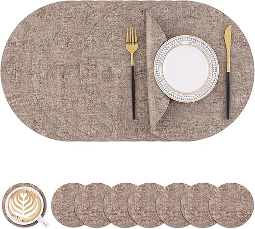 Miniatura 39 de Homaxy - Juego de 6 manteles individuales redondos de piel sintética y posavasos, lavables, de doble cara, manteles individuales de mesa, manteles