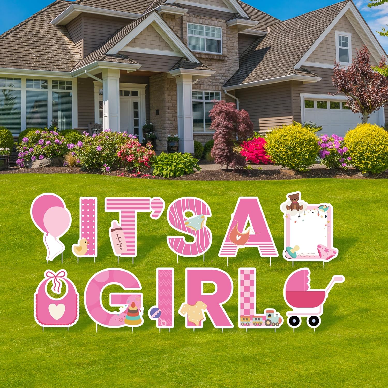 Elcoho 12Pcs Its A Girl Yard Sign with Stakes Stork Baby Shower Yard Sign Pink Gender Reveal Lawn Sign Welcome Home Yard Sign for Outdoor Baby Shower Party Decoration