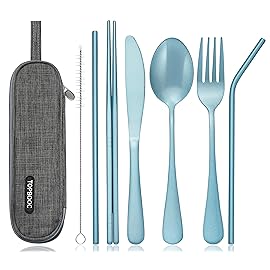 Portable Stainless Steel Flatware Set, Travel Camping Cutlery Set, Portable Utensil Travel Silverware Dinnerware Set with a Waterproof Case (Light Blue)