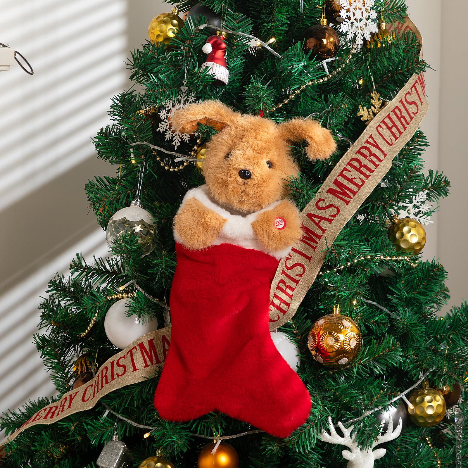 HollyHOME Calze natalizie con testa di cucciolo di Golden Retriever con musica e orecchie che sbattono le orecchie, decorazione natalizia, ornamento 48 cm