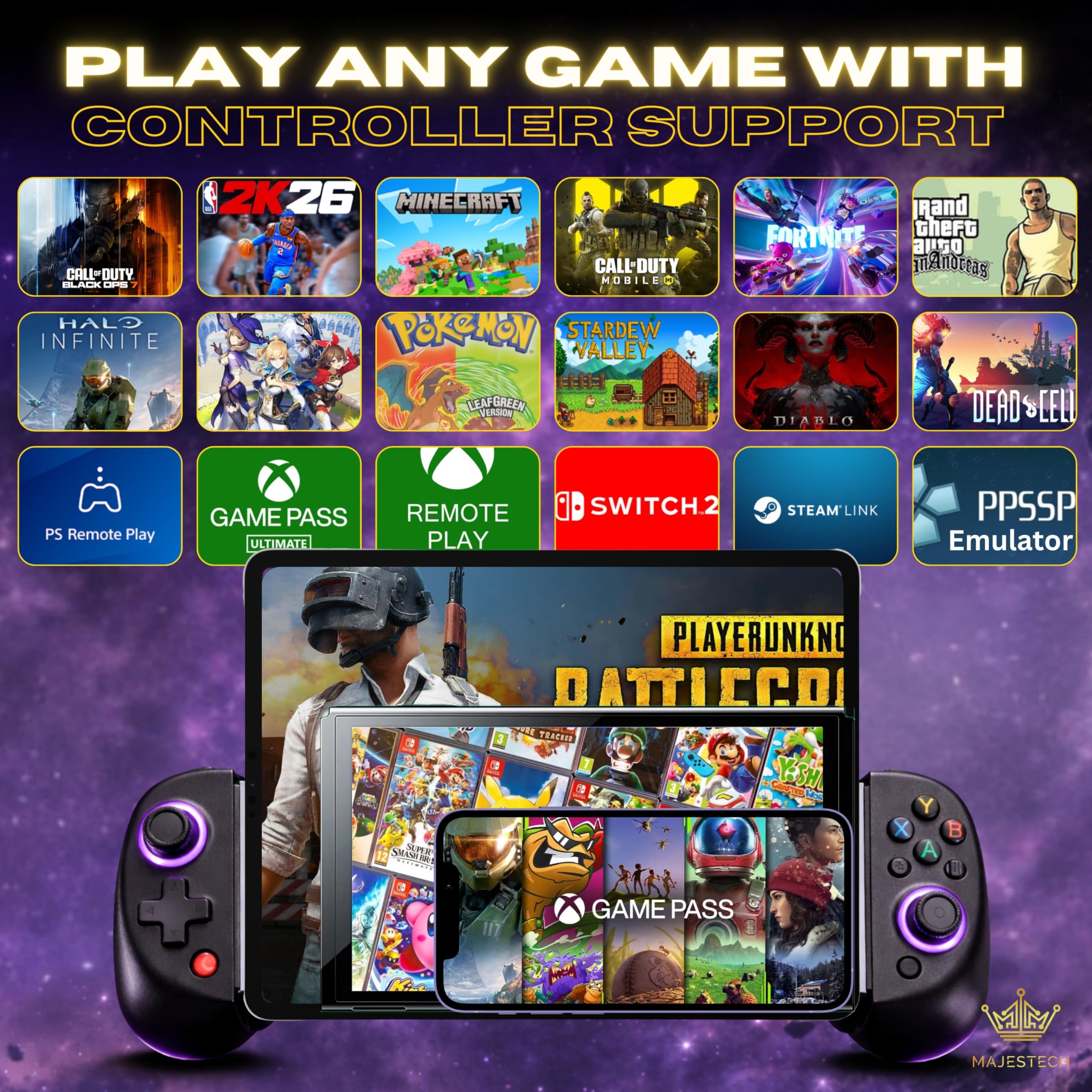 MAJESTECH NEW D8 Mobile Gaming Controller for iPhone/Android/iPad/Tablet, Play Xbox Cloud, Playstation Remote Play, Steam/PC, Switch! RGB Hall Joystick/Trigger Wireless Bluetooth Phone Game Controller