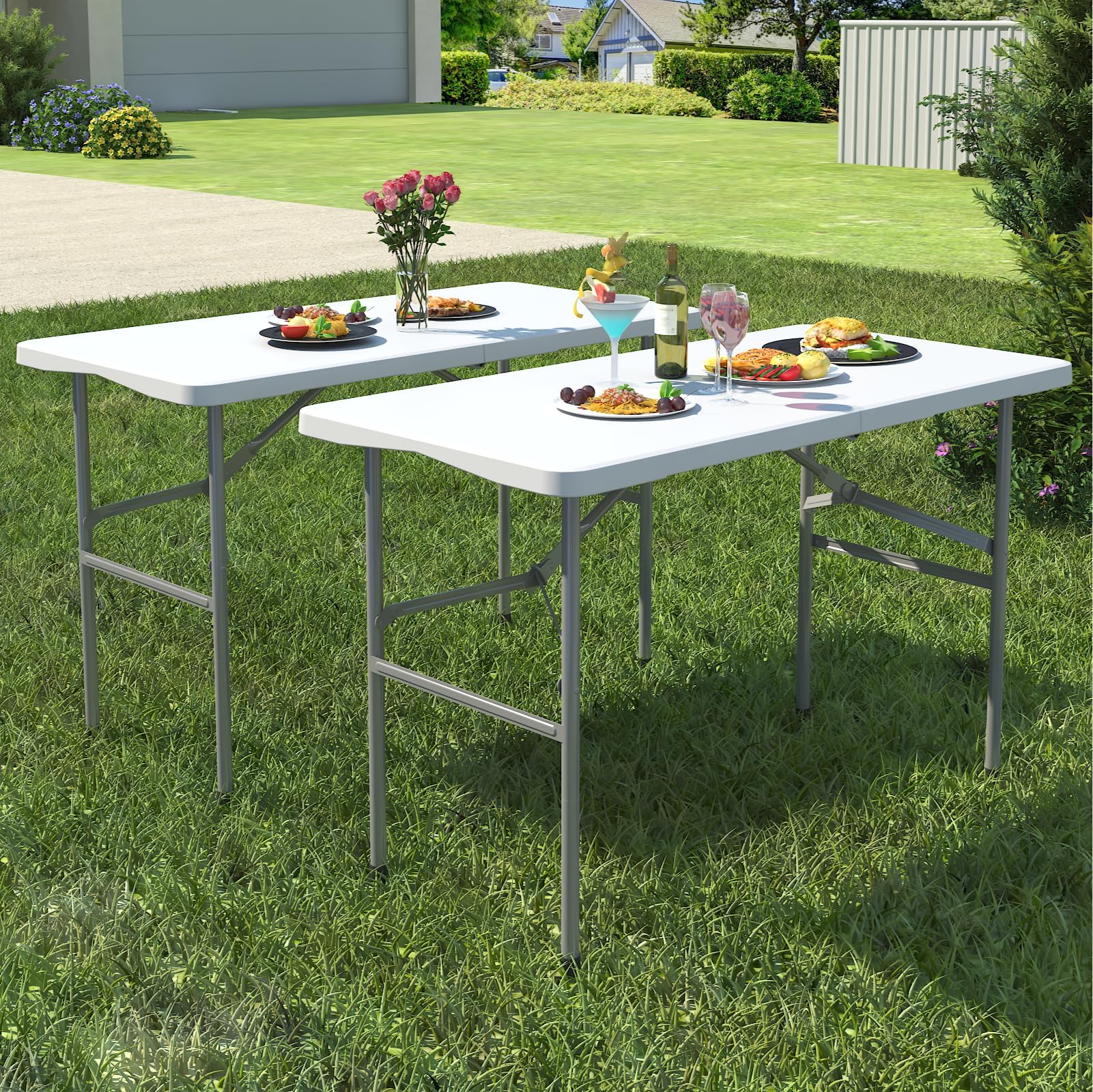 2 Pack Foldable Table 4ft, Plastic Folding Table, Portable Heavy Duty Dining Tables with Lock Function & Carrying Handle, Outdoor Indoor Foldable White Tables for Camping Party Picnic, White
