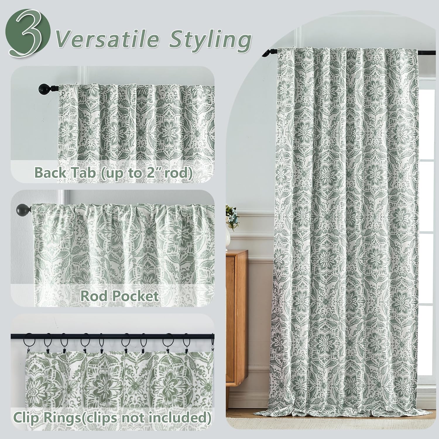 OVZME Sage Green Medallion Blackout Curtains for Bedroom 63 Inch Length 2 Panels, Thermal Insulated Double Layer Blackout Curtain for Living Room, Rod Pocket Back Tab Window Drapes, 52Wx63L Inches
