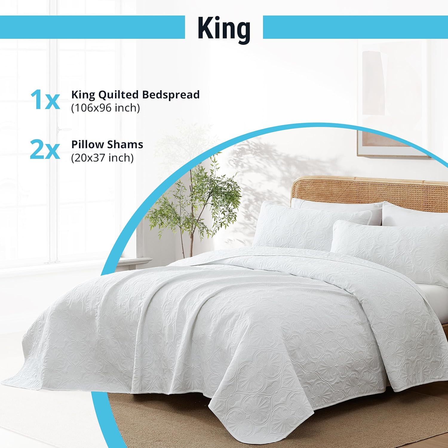 HLC.ME Benji - Soft Bed Summer King Size Comforter Quilt Set, Lightweight King White Bedspread Coverlet Set (King, White)