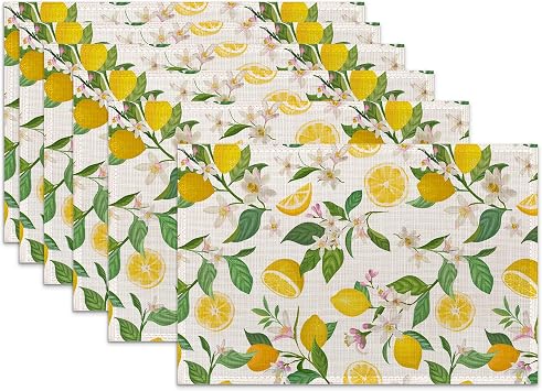 Lemon Placemats for Dining Table Set of 6,Summer Flower Leaves Place Mats for Home Party Kitchen Indoor Holiday Rustic Washable Heat Resistant Table Mats 12 x 18 Inch
