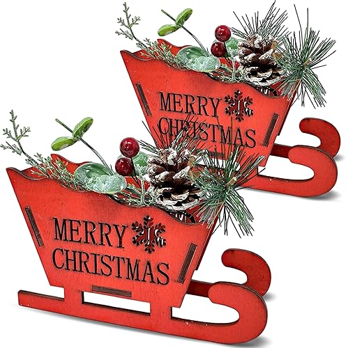 BANBERRY DESIGNS Trineo de Papá Noel rojo  Juego de 2 trineos de madera con ramas de pino, piña y bayas rojas  Feliz Navidad  Decoración de centro
