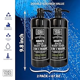 Dead Sea Collection Mens Body Wash 3 in 1 - Amber Wood Body Wash for Men - Shower Gel - Shampoo - Shower Soap for Face and Hair - Pack of 2 Bottles (33.8 Fl. Oz. Each)