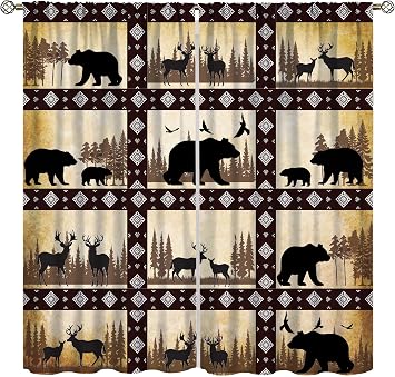 Farmhouse Cabin Blackout Curtain,Rustic Retro Woodland Brown Bear Deer Buffalo Plaid Window Curtains for Kitchen Bedroom Cafe Dining Room Office Living Room Drapes,52x84 in