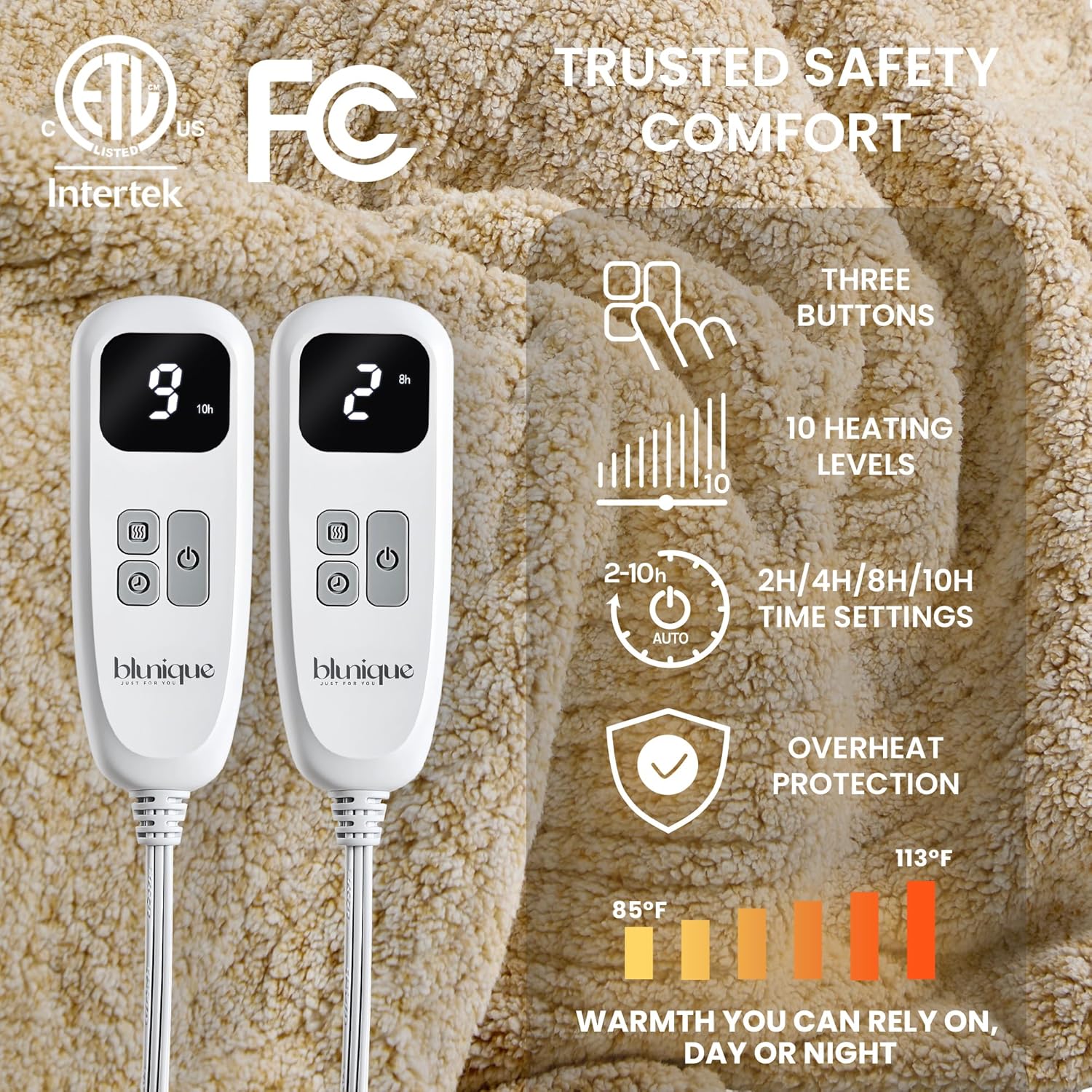 Heated Blanket Electric Blanket Queen - Fast Heating Blanket Throw Dual Control Double Sided Sherpa with 10 Heating Levels & 2-10 Hours Auto Off, Mashine Washable, 84 x 90 Inches, Camel - Image 4