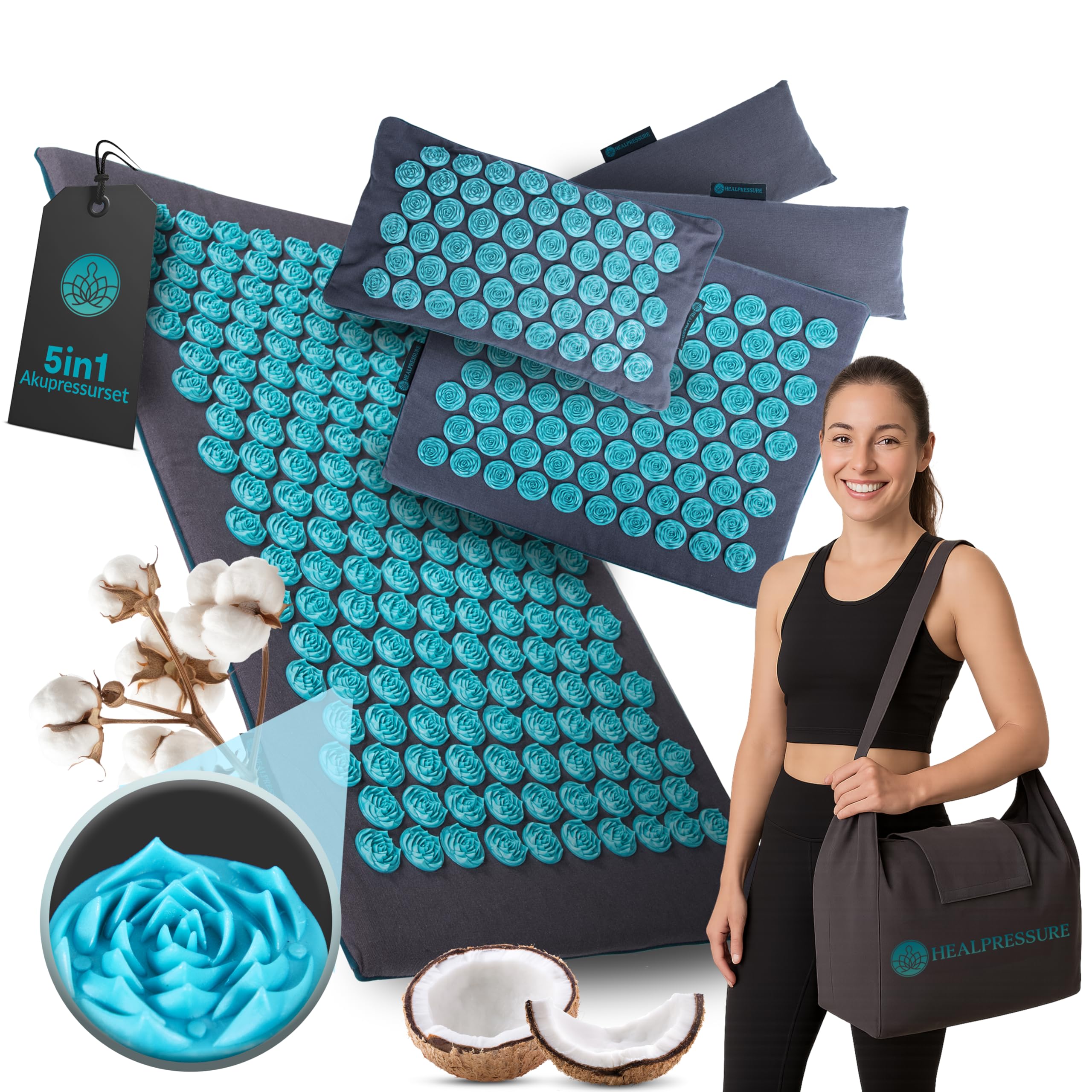 Akupressurmatte Set 5-teiliges Entspannungs-Set aus Naturmaterialien Für Rücken,Nacken,Füße Akupressur-Matte mit 700 Spitzen mit Tragetasche waschbare Bezüge Wellness für Zuhause