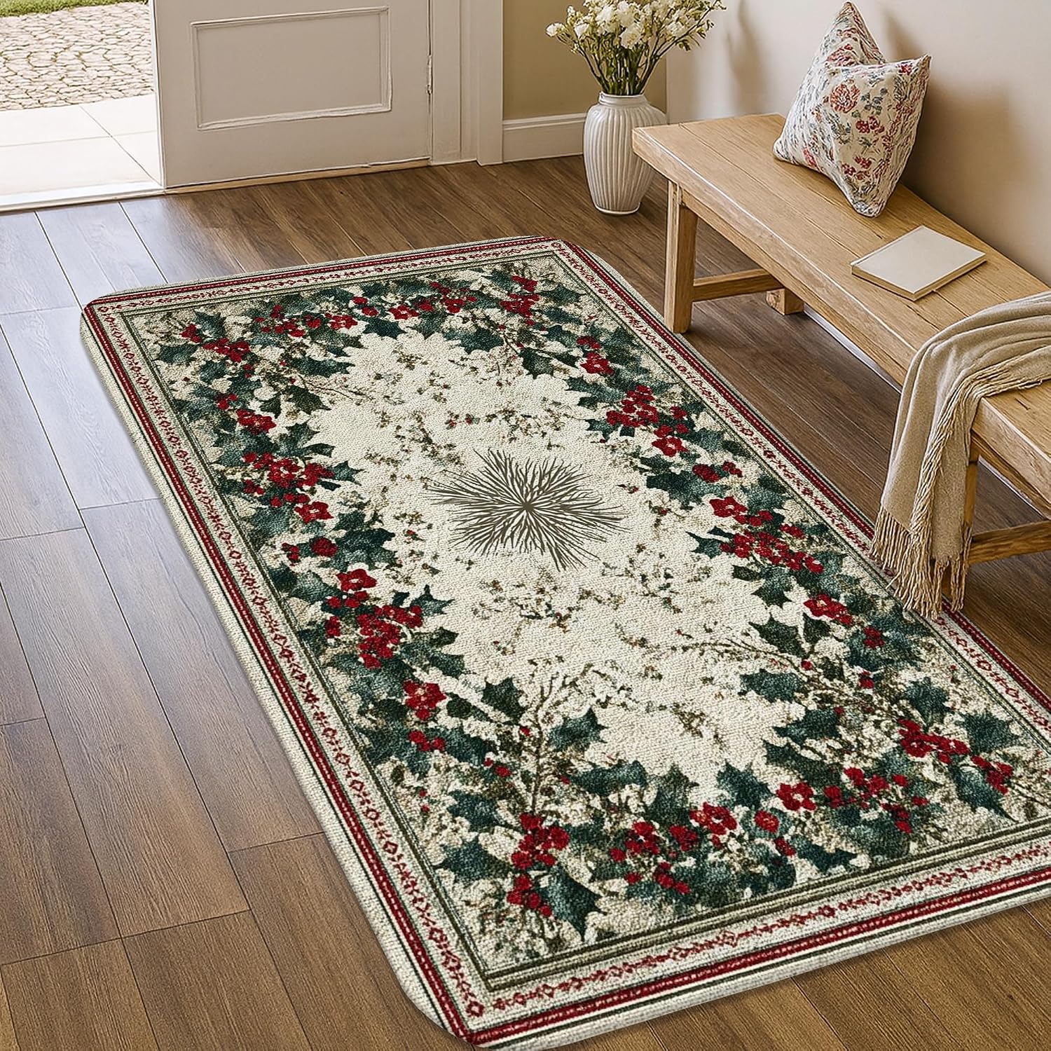 Amazon.com: Holly Area Rug, Christmas Traditional Pinecones Berries ...
