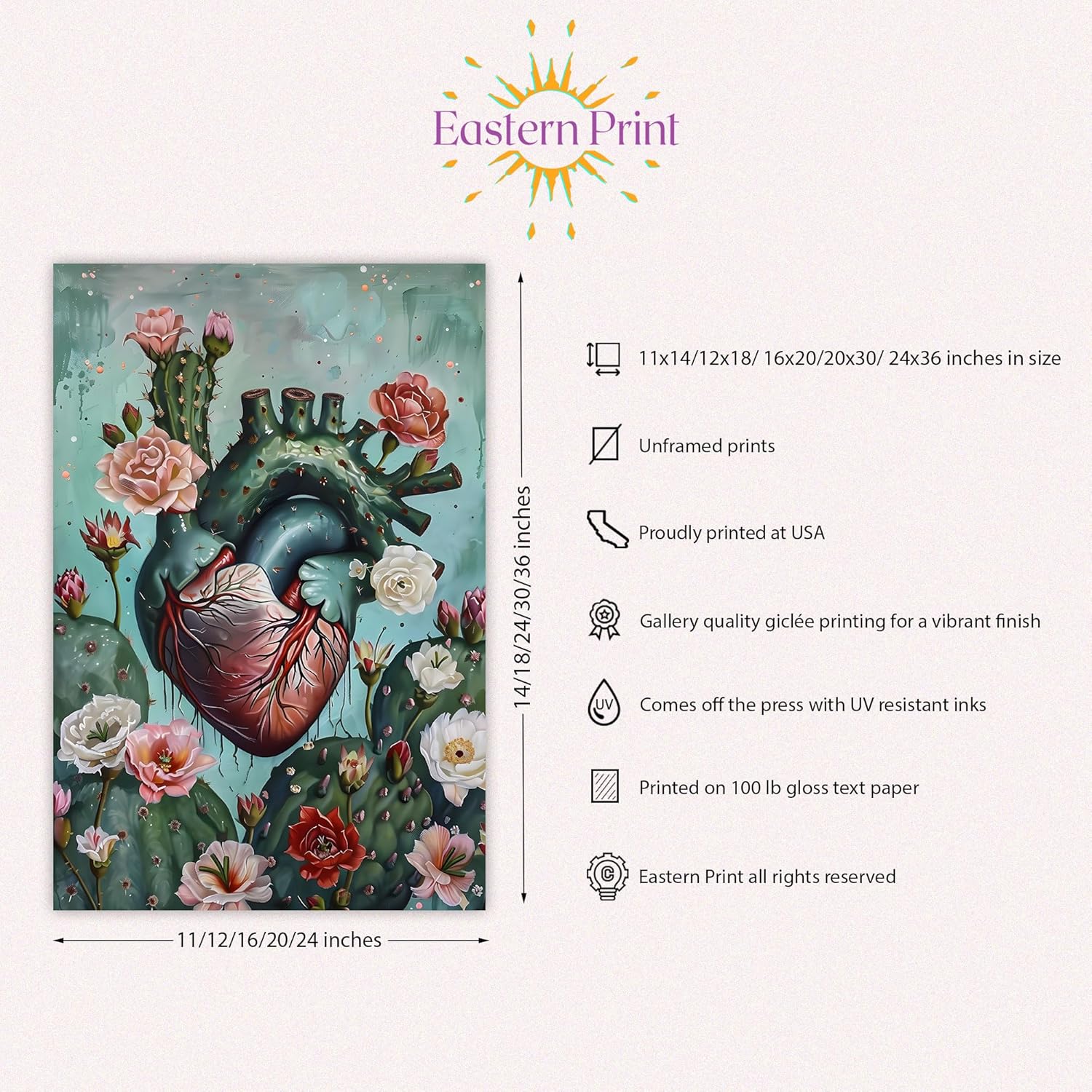 Eastern Print Mexican Thorned Cactus Heart Wall Art Posters, Feminist Inspirational Wall Art for Woman, El Nopal Traditional Mexica Vintage Artwork Decor for Home Living Room, Bedroom (UNFRAMED)
